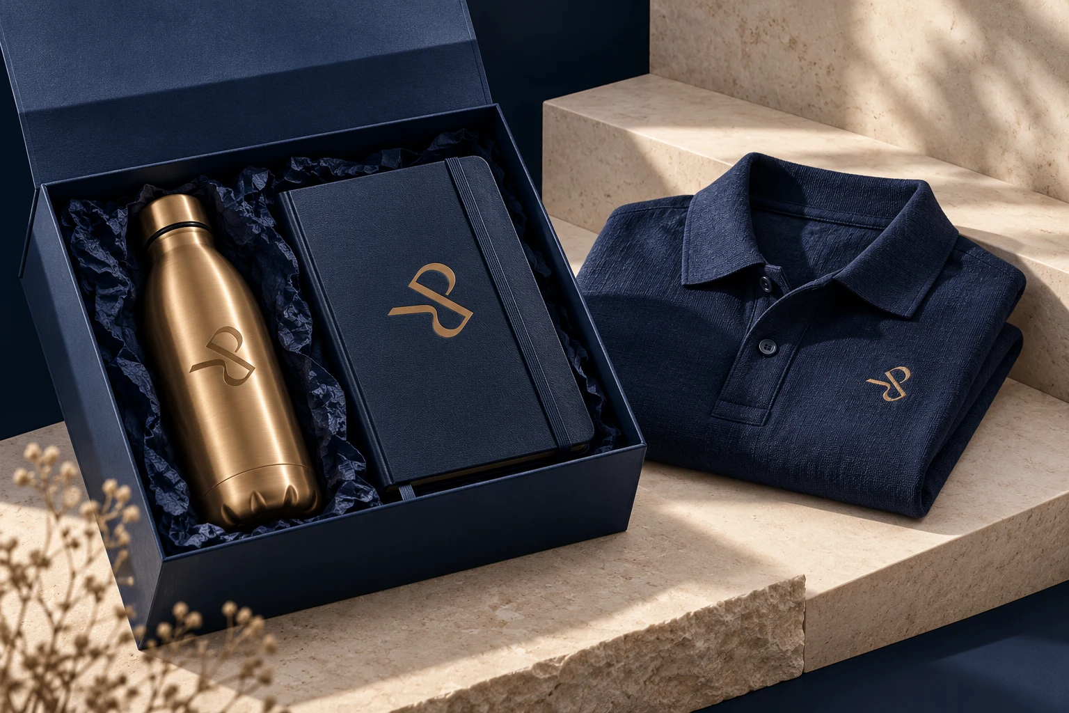 PROMOT concept corporate gift set with a branded bottle, notebook, presentation box and uniform in Ink Black and Bronze.
