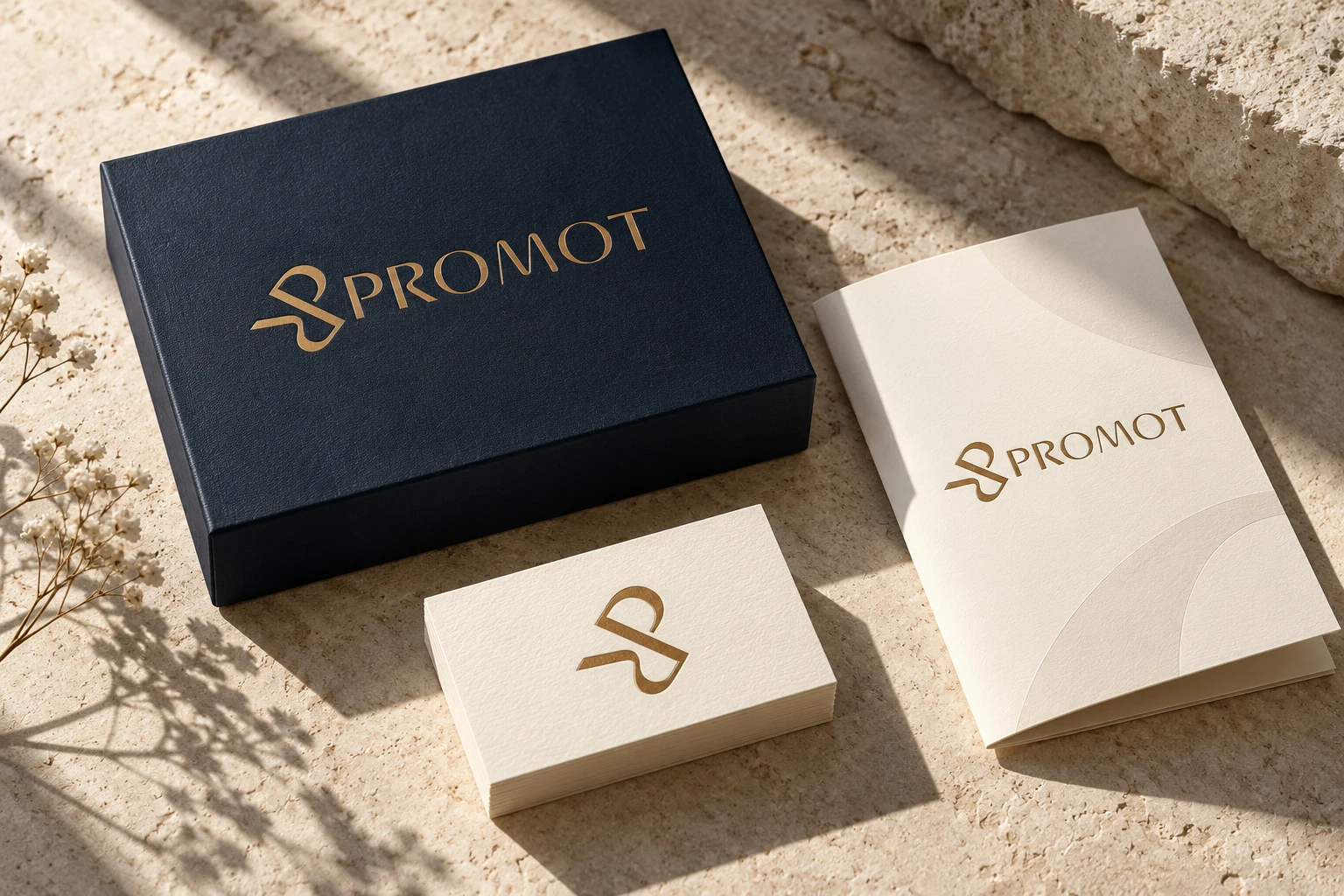 PROMOT concept packaging in Ink Black and Bronze, with a presentation box, stationery and printed materials.